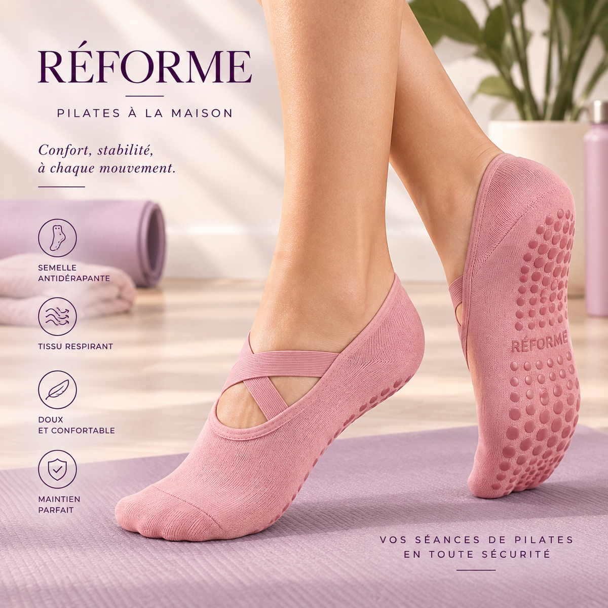 Chaussettes de Pilates antidérapantes Réforme, lot de 2 paires